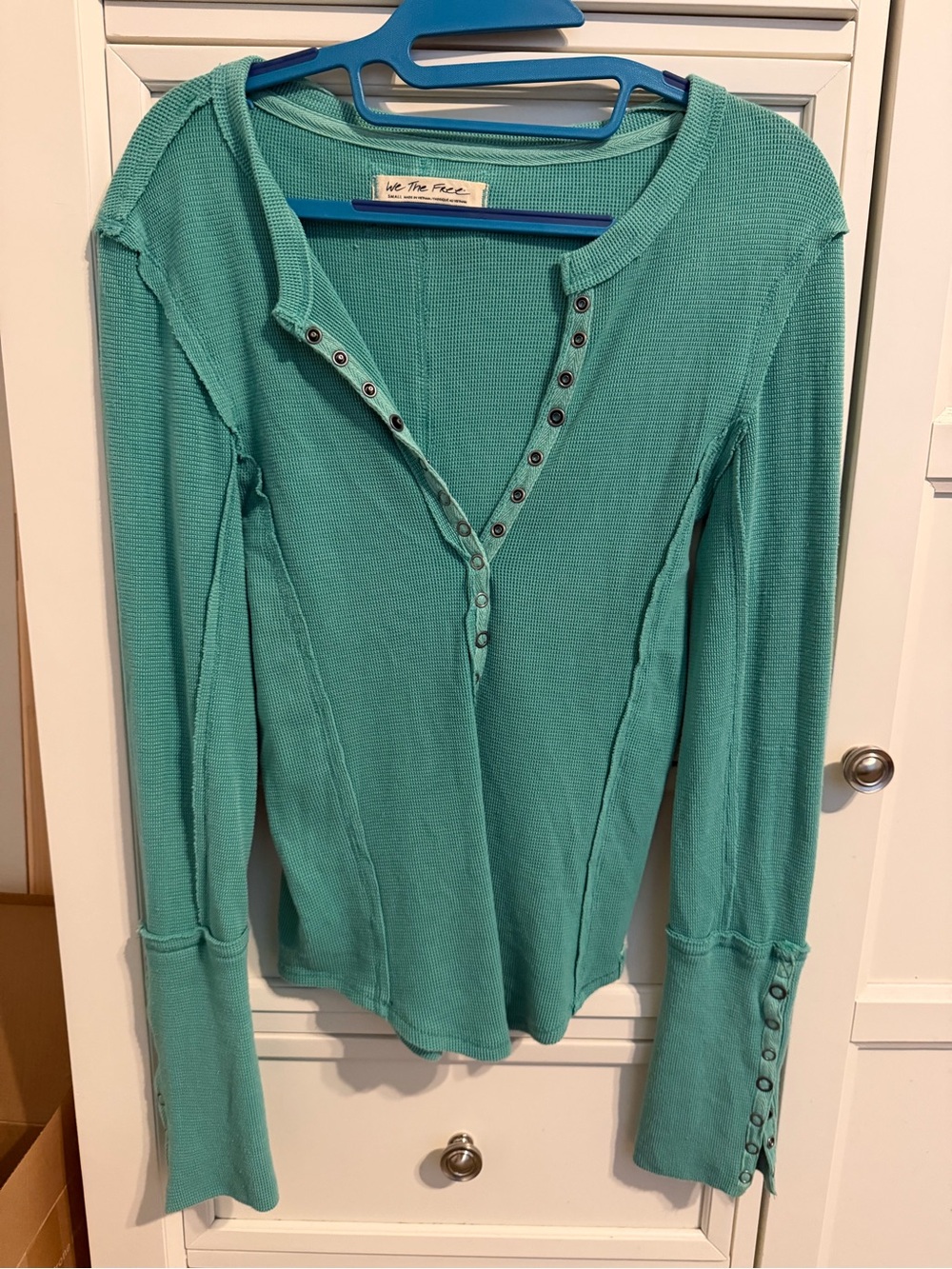 We The Free Teal Snap-Front Waffle Henley Long Sleeve